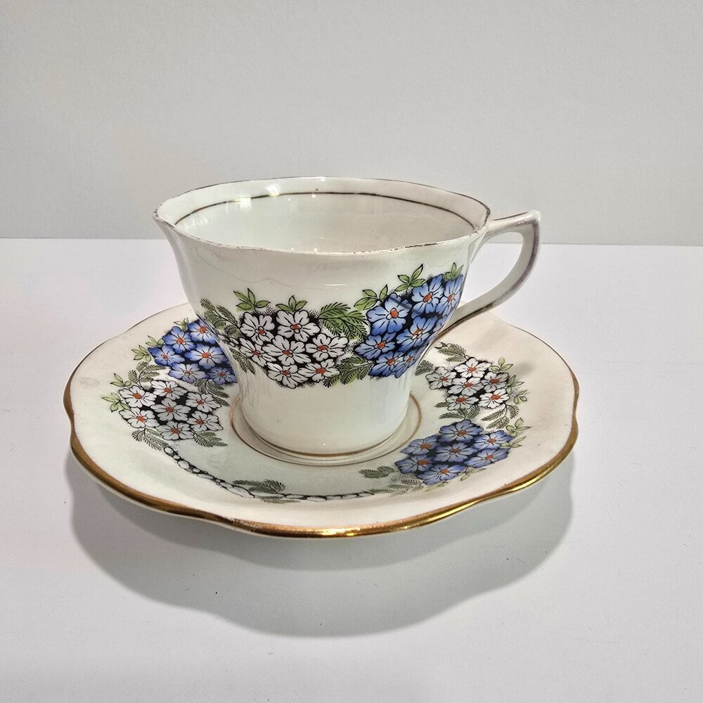 Rosina - Hand Painted Vintage Teacup & Saucer with Blue & White Florals​